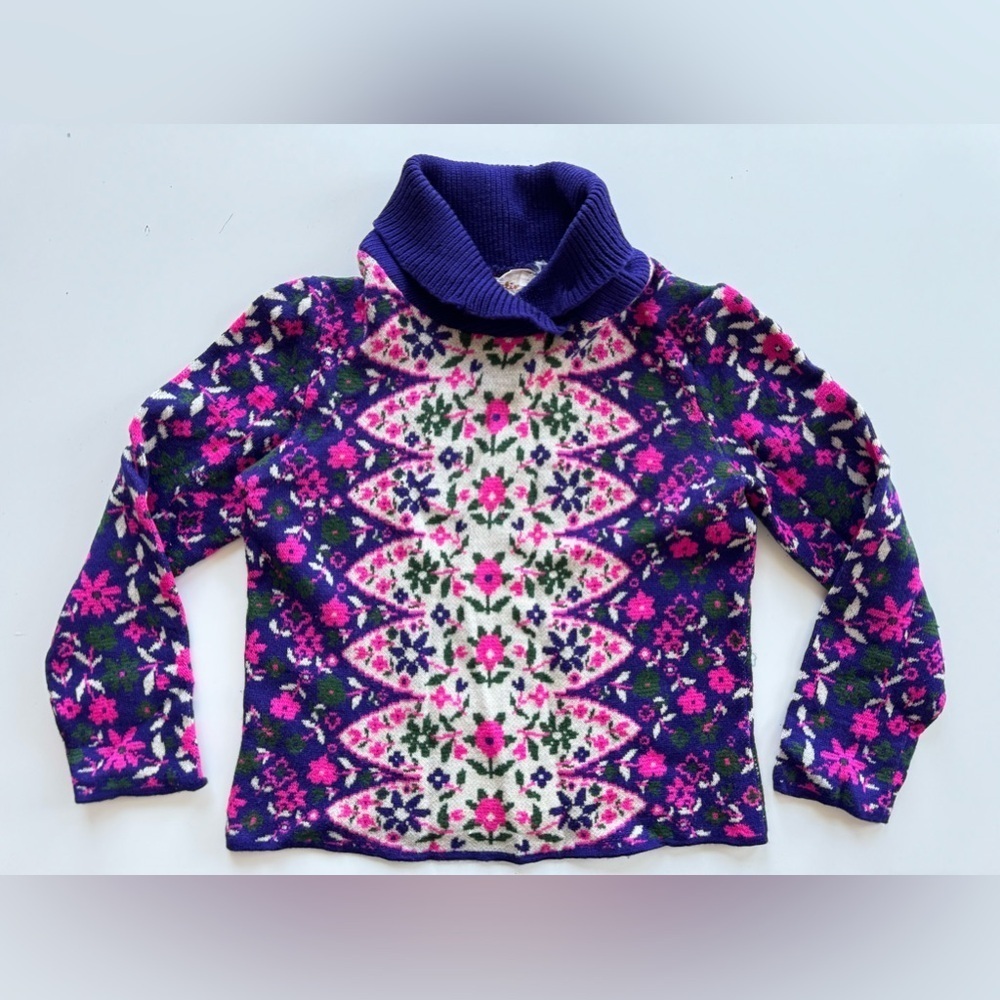 Vintage 60s 70s Catalina Jacquard Purple Floral Flowers Sweater *Flaws